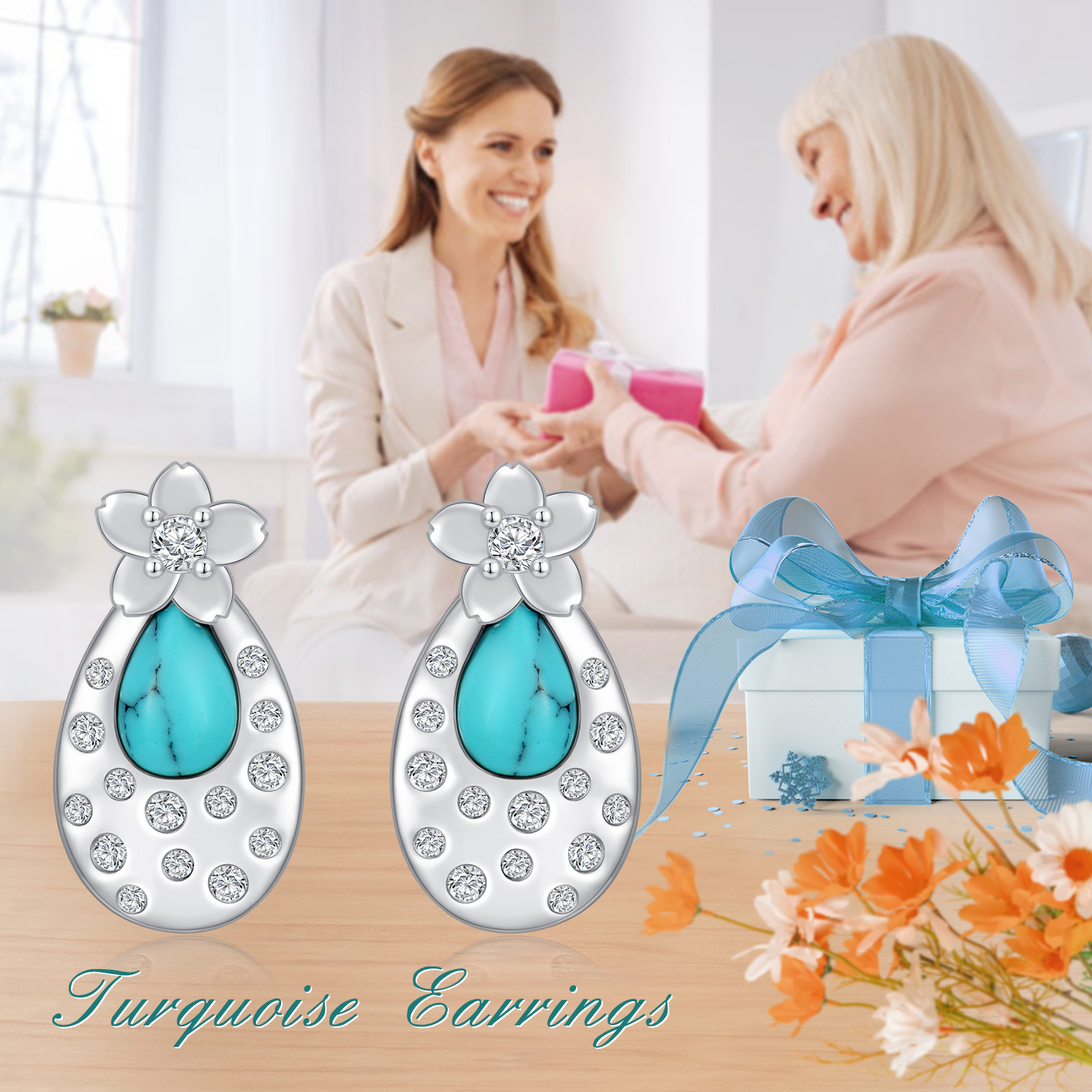 Turquoise Cherry Blossom 925 Sterling Silver Stud Earrings - Elegant & Stylish - Image 4