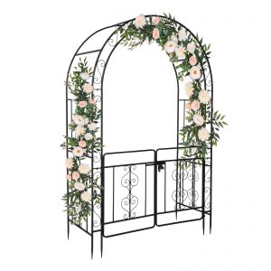 7ft Black Wrought Iron Double-Decked Courtyard Arch with Rounded Roof and Door