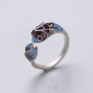 S925 Silver Retro Classic Roasted Blue Carp Koi Ring - Elegant Design