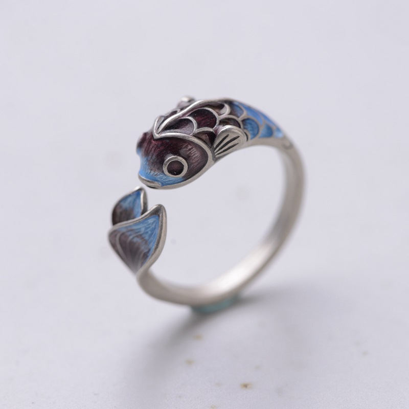 S925 Silver Retro Classic Roasted Blue Carp Koi Ring - Elegant Design