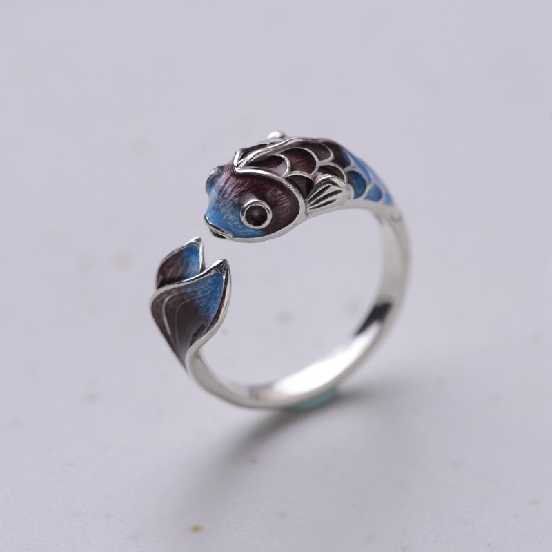 S925 Silver Retro Classic Roasted Blue Carp Koi Ring - Elegant Design - Image 2
