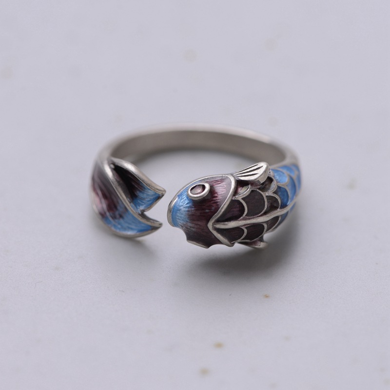 S925 Silver Retro Classic Roasted Blue Carp Koi Ring - Elegant Design - Image 3