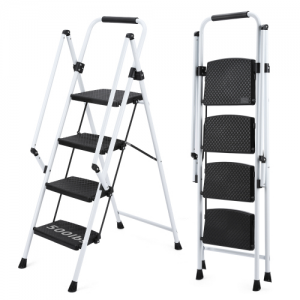 White Four-Step Ladder - Lightweight Folding Stool with Wide Anti-Skid Pedals, Safety Handle & Durable Steel Frame for Home, Kitchen & Office Use
