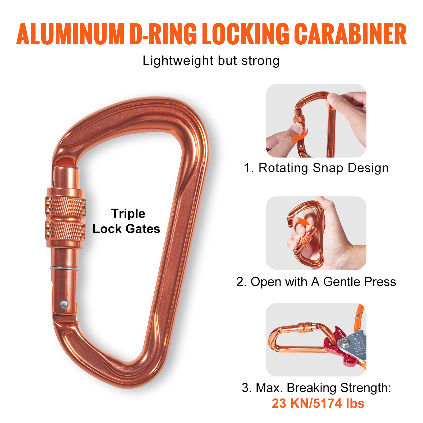 VEVOR Steel Core Flipline, 1/2" x 8' Arborist Flip Line with Alloy Steel Snap Hook, Aluminum Alloy Carabiner & Extra Tool Lanyard for Tree Climbing & Arborists - Image 6