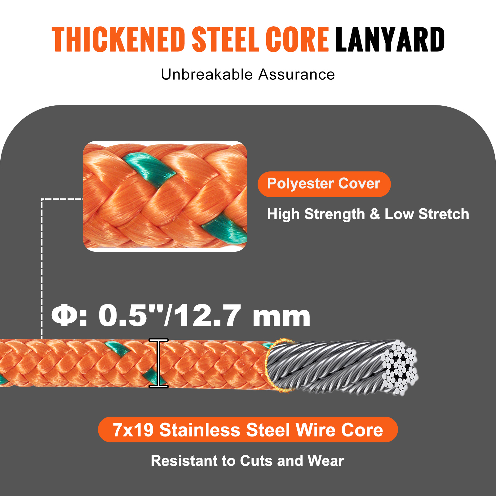 VEVOR Steel Core Flipline, 1/2" x 8' Arborist Flip Line with Alloy Steel Snap Hook, Aluminum Alloy Carabiner & Extra Tool Lanyard for Tree Climbing & Arborists - Image 7