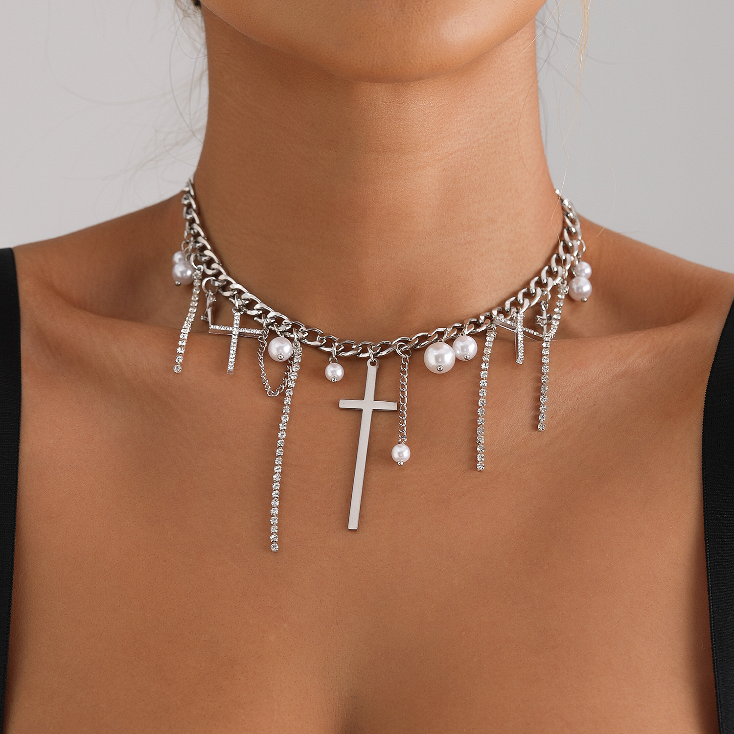 Stylish Cross Tassel Pearl Collarbone Chain Necklace for Trendy Girls - Fashion Jewelry - Image 3