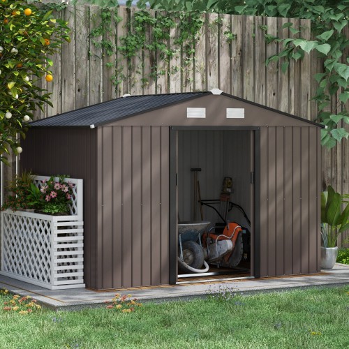 Outsunny 9 X 6ft Metal Garden Shed - Durable Outdoor Storage Tool House with Ventilation, Foundation Kit, and Secure Lockable Double Doors, Brown