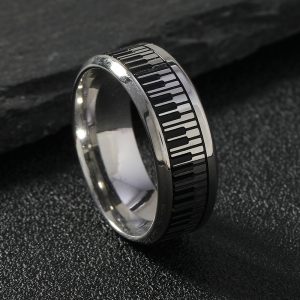 Stylish Stainless Steel Ring Featuring Simple Black and White Piano Keys