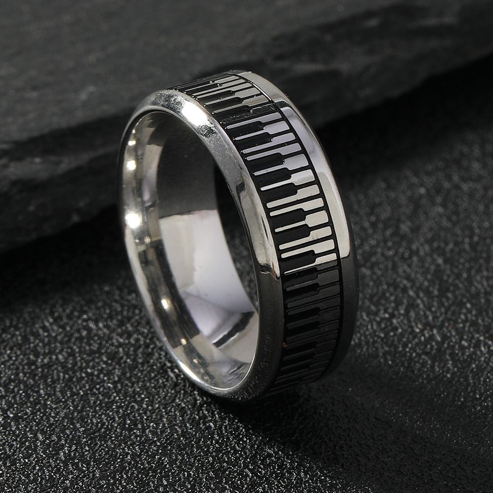 Stylish Stainless Steel Ring Featuring Simple Black and White Piano Keys