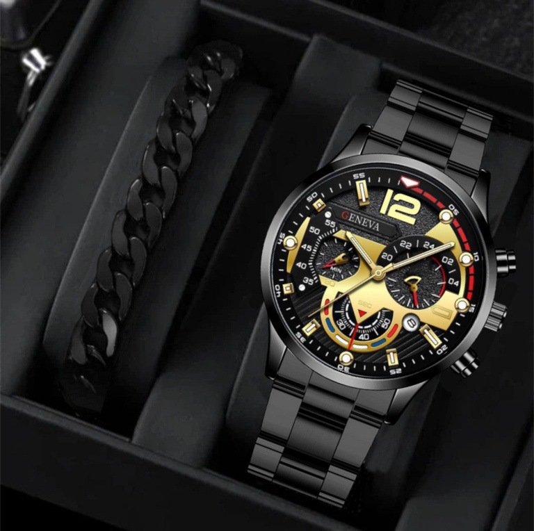 2pcs Men's Trendy Steel Strip Business Three Eye Quartz Watch Bracelet Set - Perfect Valentine's Day Gifts - Image 3