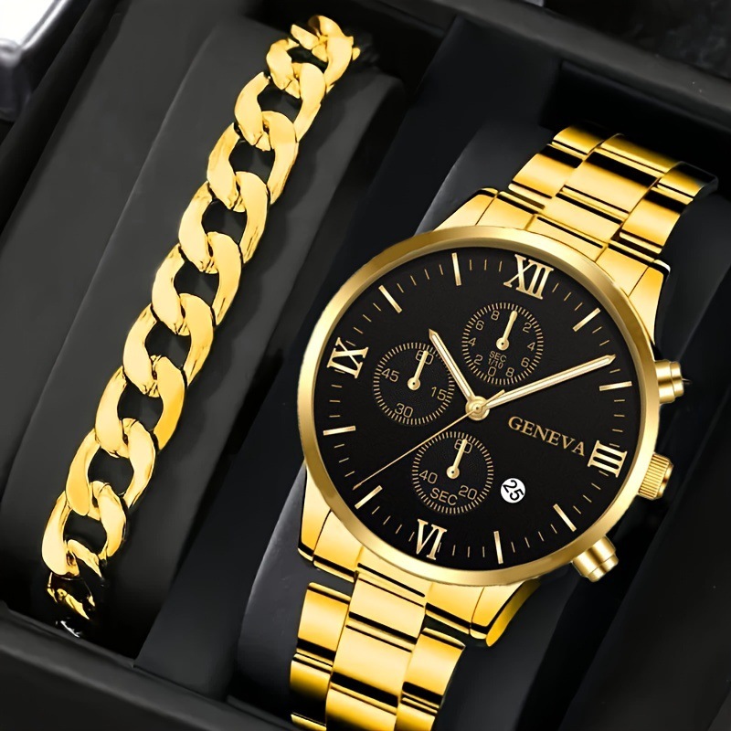 2pcs Men's Trendy Steel Strip Business Three Eye Quartz Watch Bracelet Set - Perfect Valentine's Day Gifts - Image 5