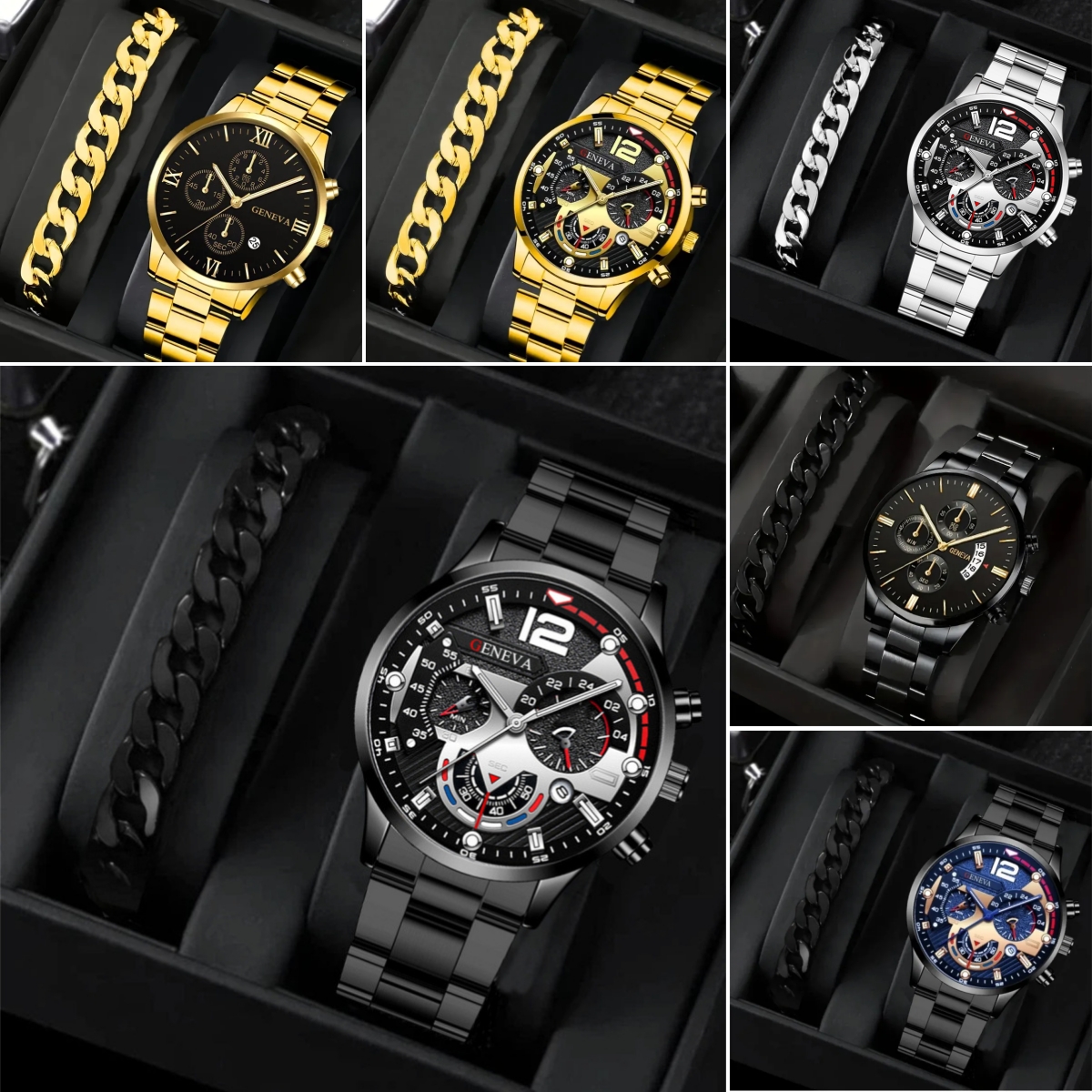2pcs Men's Trendy Steel Strip Business Three Eye Quartz Watch Bracelet Set - Perfect Valentine's Day Gifts - Image 11