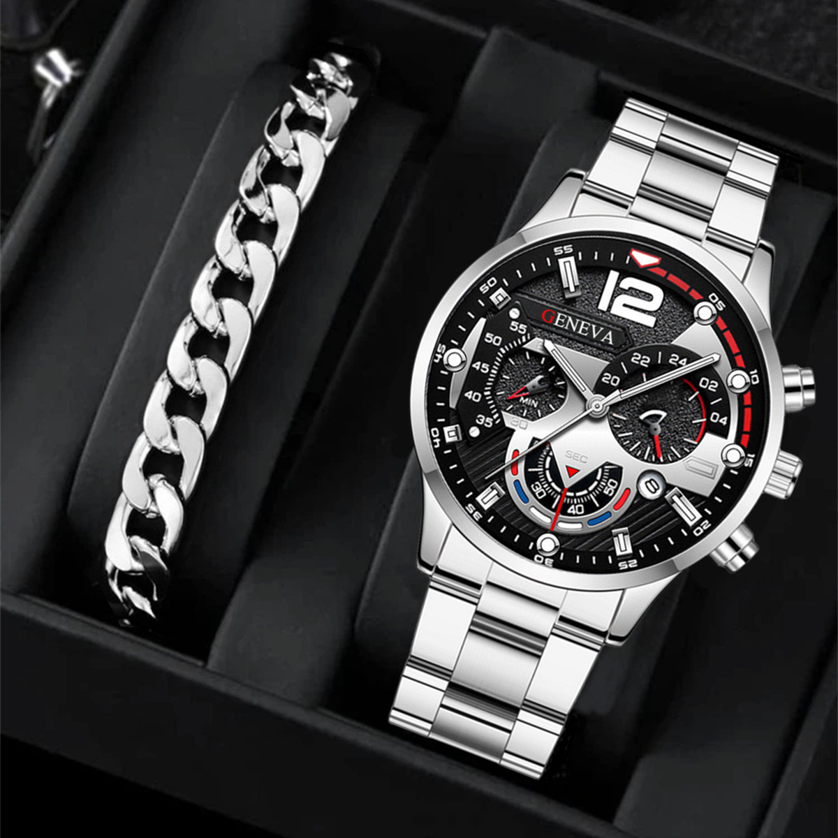 2pcs Men's Trendy Steel Strip Business Three Eye Quartz Watch Bracelet Set - Perfect Valentine's Day Gifts - Image 15