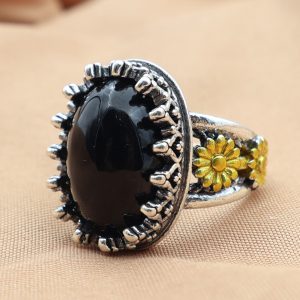 Elegant Two-tone Black Couple Ring with Simple Golden Trim Embossing