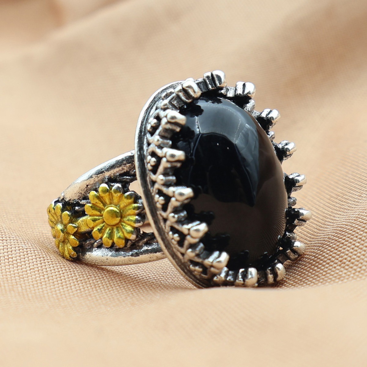 Elegant Two-tone Black Couple Ring with Simple Golden Trim Embossing - Image 2