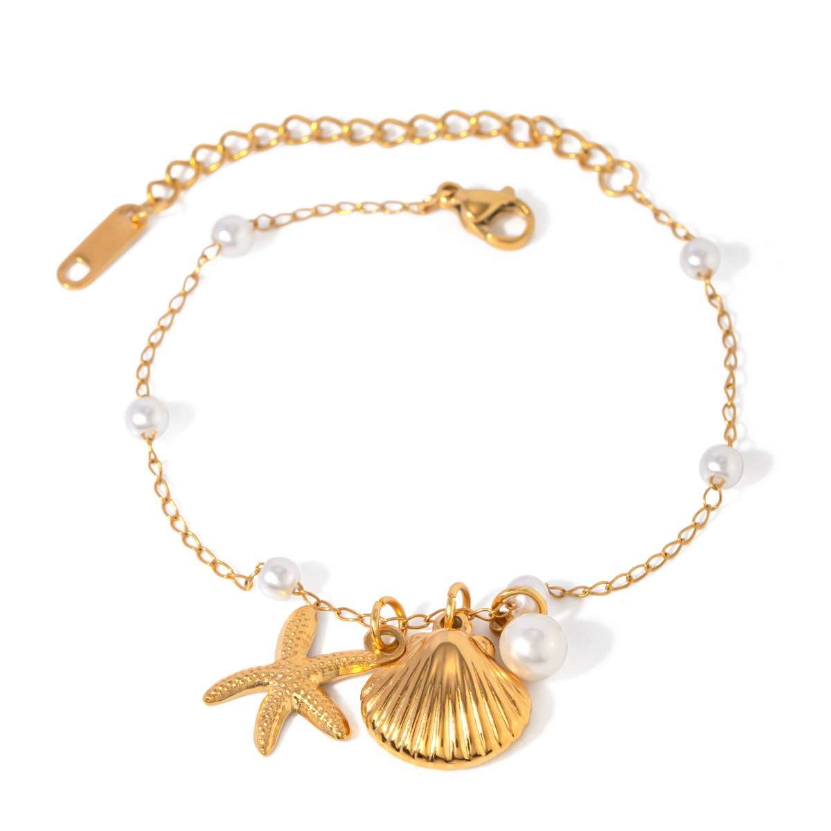 Elegant 18K Gold Stainless Steel Pearl Chain Bracelet with Shell Starfish Pendant - Perfect Fashion Jewelry for Summer Holidays - Image 5