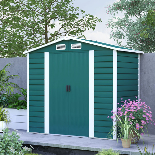Outsunny 7 X 4ft Garden Shed - Easy Assembly, Upgraded Galvanised Steel Frame, Foundation Kit, Secure Double Doors, Vented Outdoor Metal Storage Shed with Gloves, Green