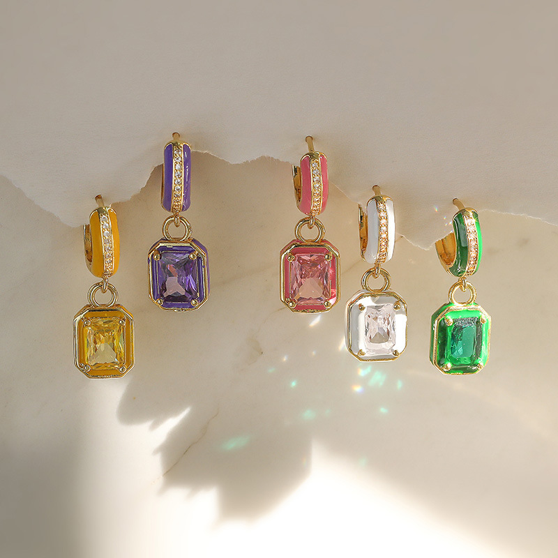 Vibrant Colorful Drop Oil Copper Inlaid Color Diamond Cube Sugar Earrings - Image 3