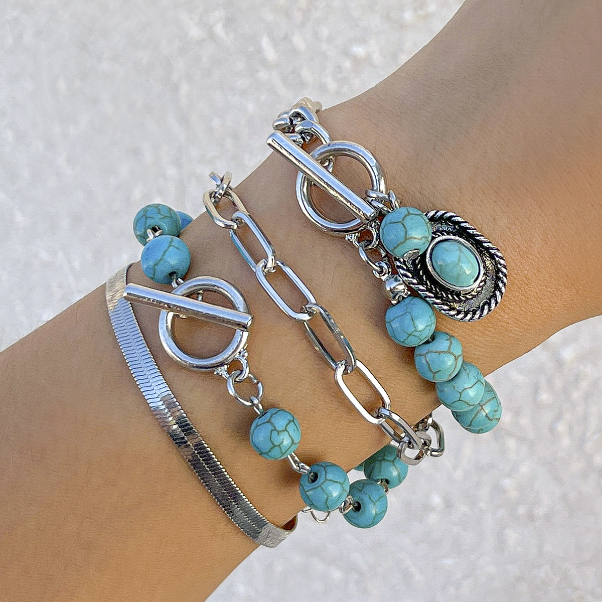 4-Piece Turquoise Cowboy Hat & Cross Chain Bracelet Set for Stylish Accessories - Image 3