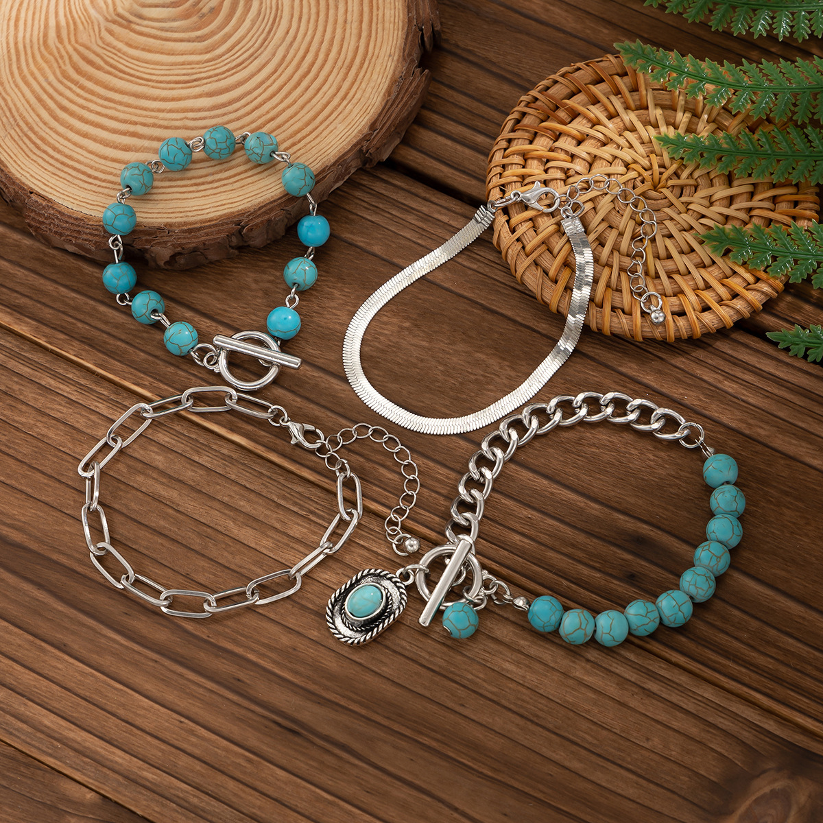4-Piece Turquoise Cowboy Hat & Cross Chain Bracelet Set for Stylish Accessories - Image 4