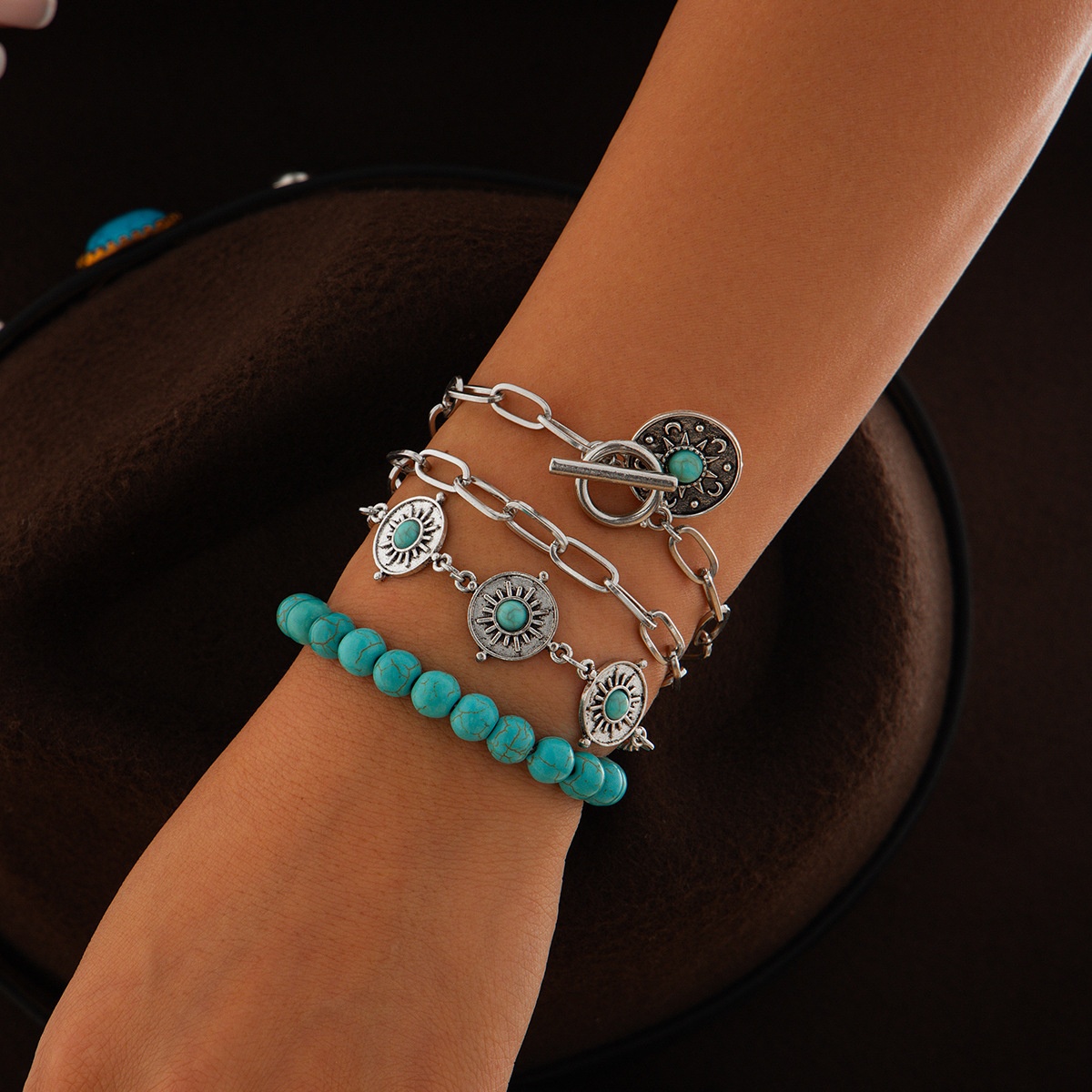 4-Piece Turquoise Cowboy Hat & Cross Chain Bracelet Set for Stylish Accessories - Image 7