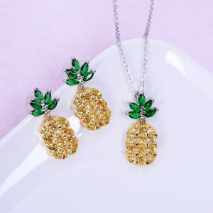 Sparkling Crystal Pineapple Earrings and Necklace Set with Coconut Tree Earrings