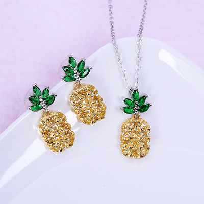 Sparkling Crystal Pineapple Earrings and Necklace Set with Coconut Tree Earrings