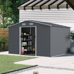 Heavy Duty Outdoor Storage Shed 8 X 10 FT - Large Metal Tool Shed with Sliding Doors and Air Vent for Patio & Lawn Storage of Bikes, Tools, and Lawnmowers - Grey