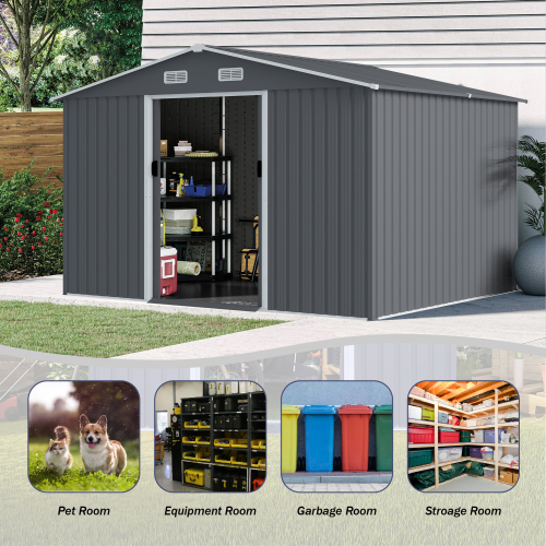 Heavy Duty Outdoor Storage Shed 8 X 10 FT - Large Metal Tool Shed with Sliding Doors and Air Vent for Patio & Lawn Storage of Bikes, Tools, and Lawnmowers - Grey - Image 5