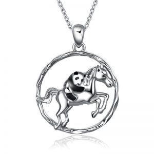 925 Sterling Silver Horse & Panda Pendant Necklace - Unique Running Horse Jewelry