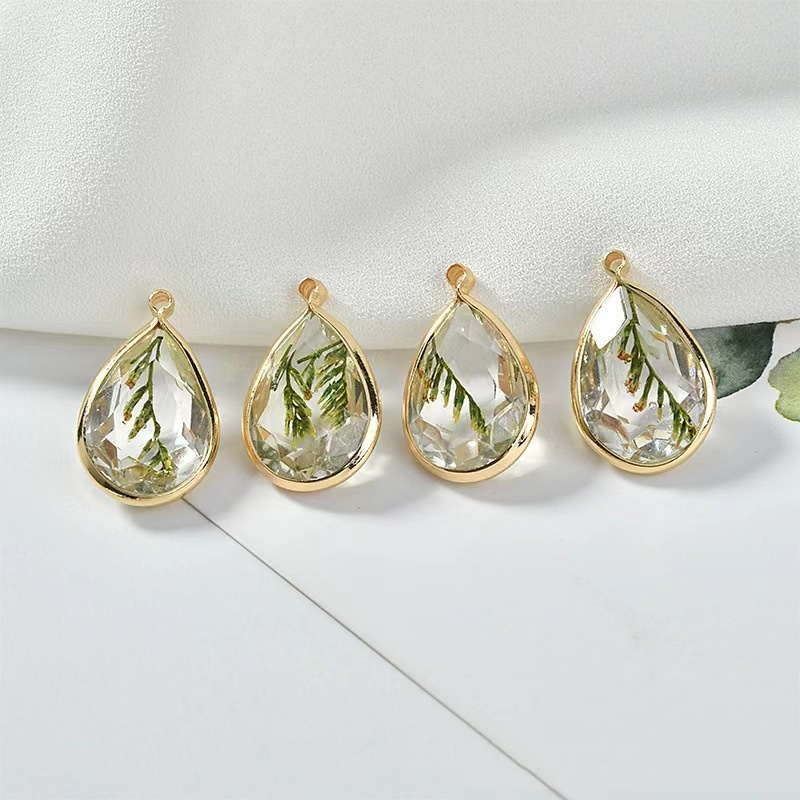Christmas Small Tree Earrings with Real Leaves and Water Drop Copper Edging - Image 3
