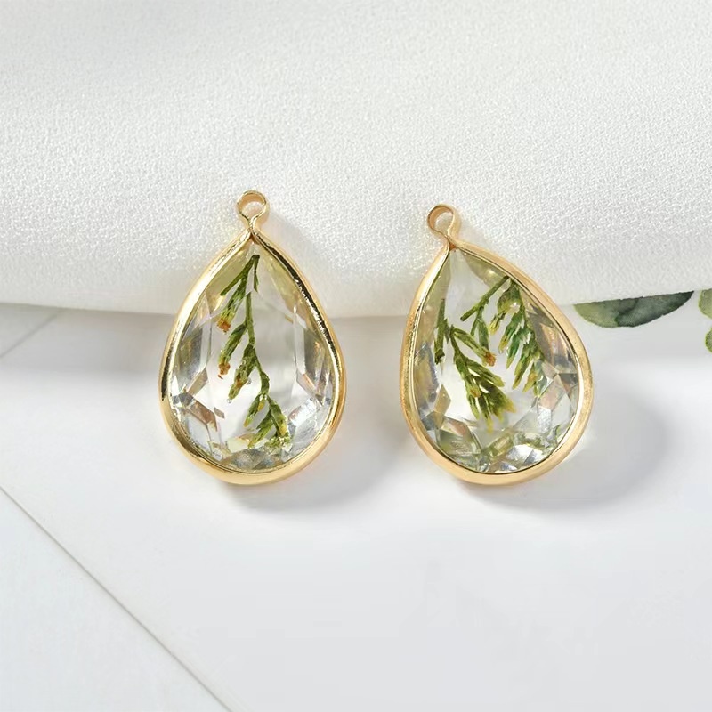 Christmas Small Tree Earrings with Real Leaves and Water Drop Copper Edging - Image 5