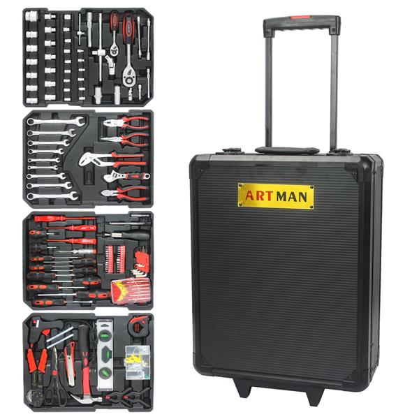 Black Manual Toolbox with 4-Layer Tool Set and Convenient Wheels for Easy Mobility - Image 3