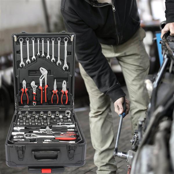 Black Manual Toolbox with 4-Layer Tool Set and Convenient Wheels for Easy Mobility - Image 9