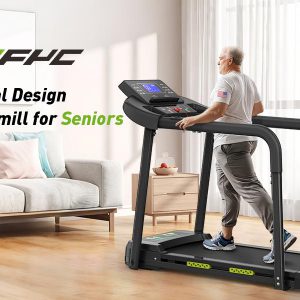 Elderly Rehabilitation Treadmill with Shock Absorption, Extended Handrails, and Enlarged Running Platform - Supports 300 lbs, Safety Key, Easy-to-Move Wheels