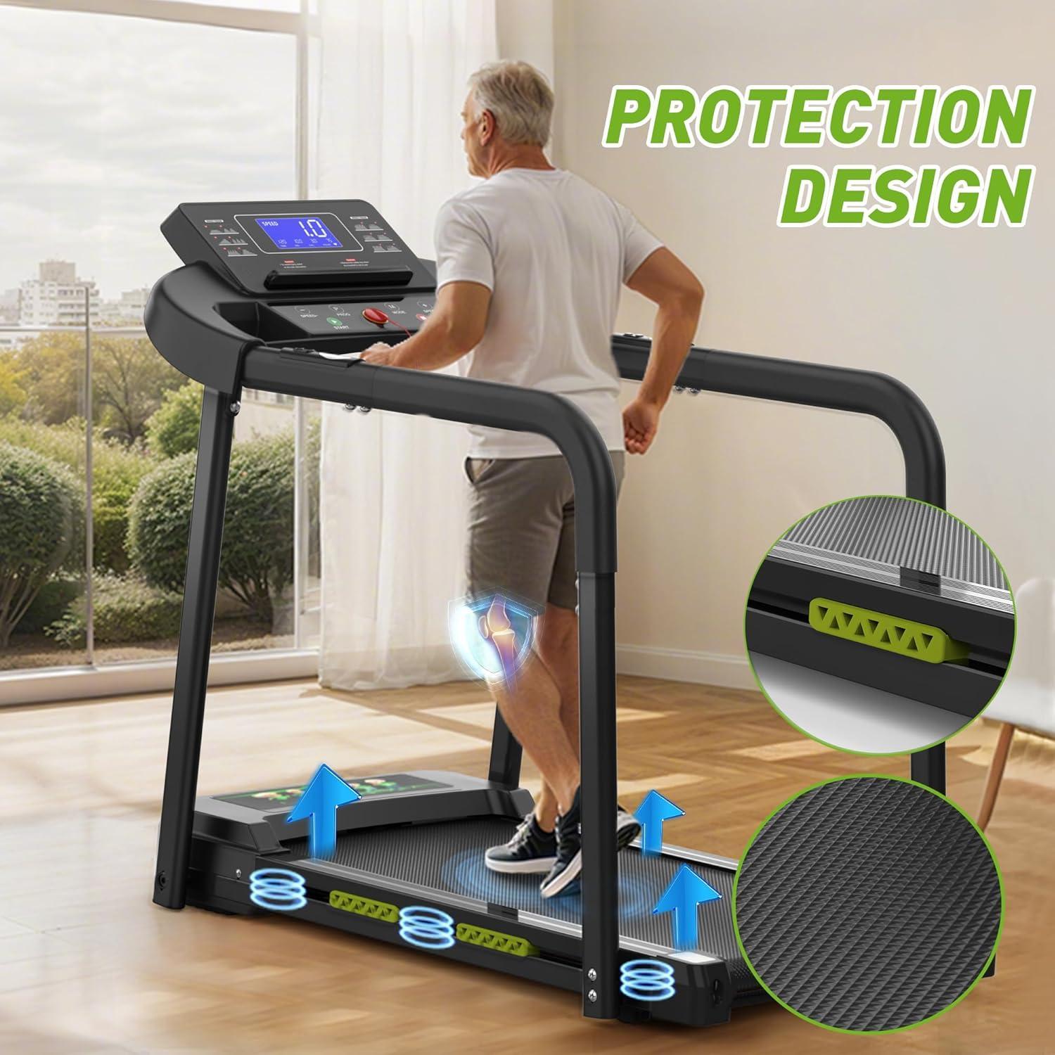 Elderly Rehabilitation Treadmill with Shock Absorption, Extended Handrails, and Enlarged Running Platform - Supports 300 lbs, Safety Key, Easy-to-Move Wheels - Image 10