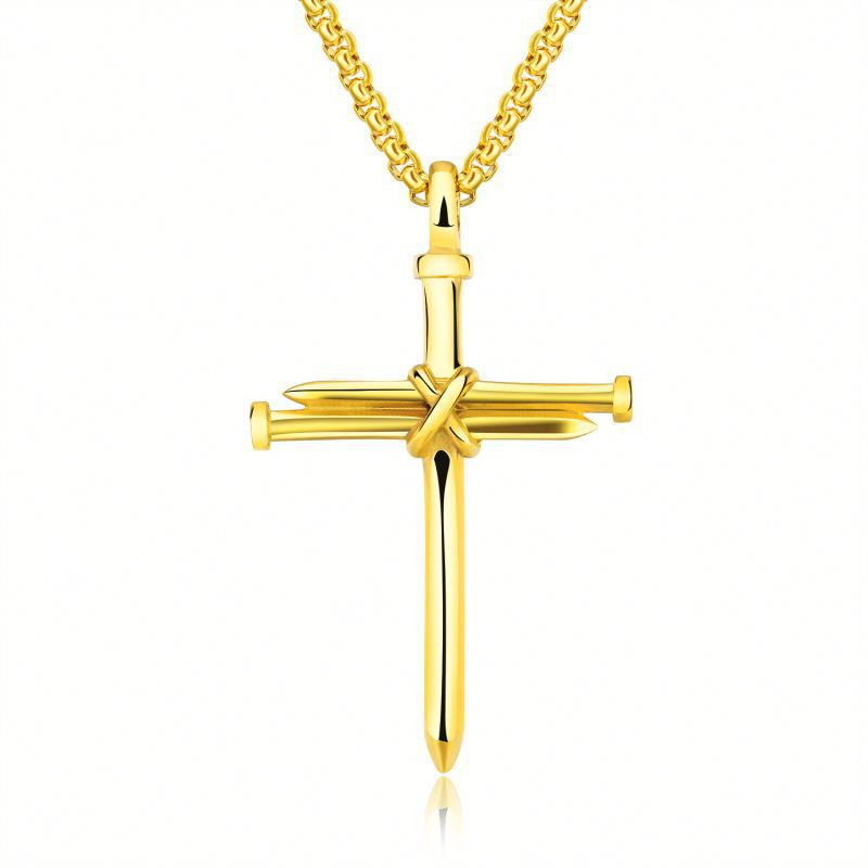 Stylish Steel Gold and Black Men's Iron Nail Cross Pendant Necklace - Stainless Steel 3mm Round Box Chain Jewelry Gift for Him - Image 3
