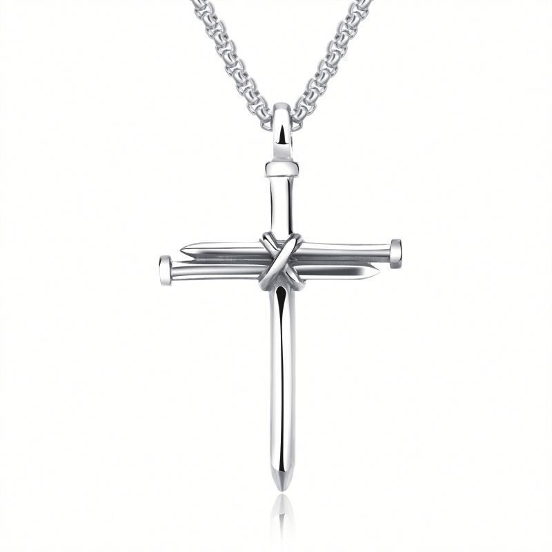Stylish Steel Gold and Black Men's Iron Nail Cross Pendant Necklace - Stainless Steel 3mm Round Box Chain Jewelry Gift for Him - Image 4