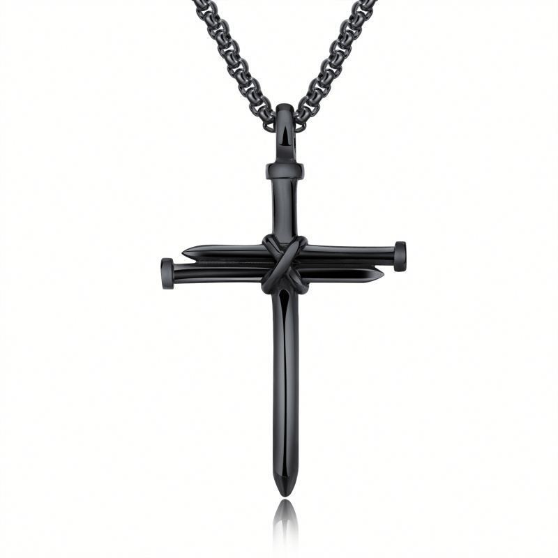 Stylish Steel Gold and Black Men's Iron Nail Cross Pendant Necklace - Stainless Steel 3mm Round Box Chain Jewelry Gift for Him - Image 6