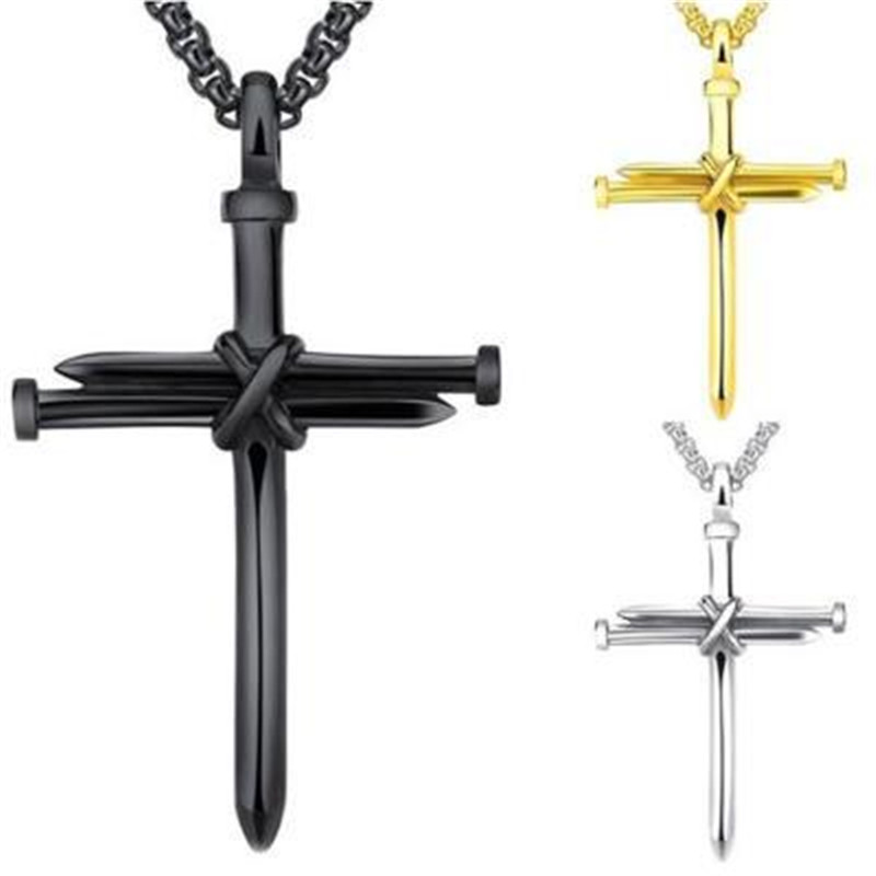 Stylish Steel Gold and Black Men's Iron Nail Cross Pendant Necklace - Stainless Steel 3mm Round Box Chain Jewelry Gift for Him - Image 7
