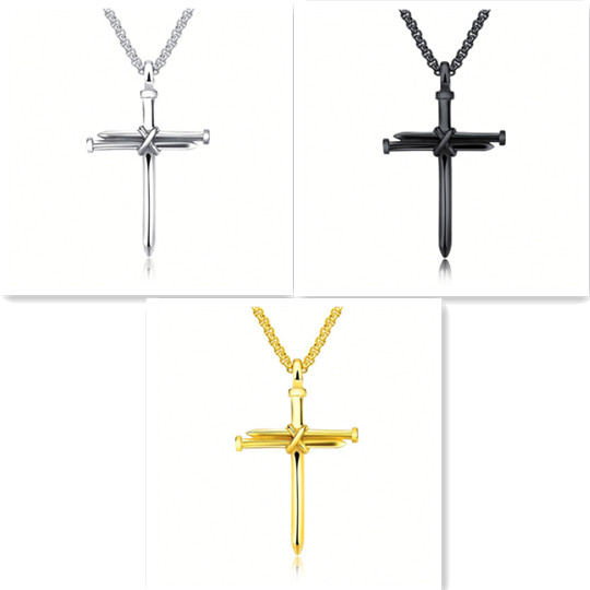 Stylish Steel Gold and Black Men's Iron Nail Cross Pendant Necklace - Stainless Steel 3mm Round Box Chain Jewelry Gift for Him - Image 8