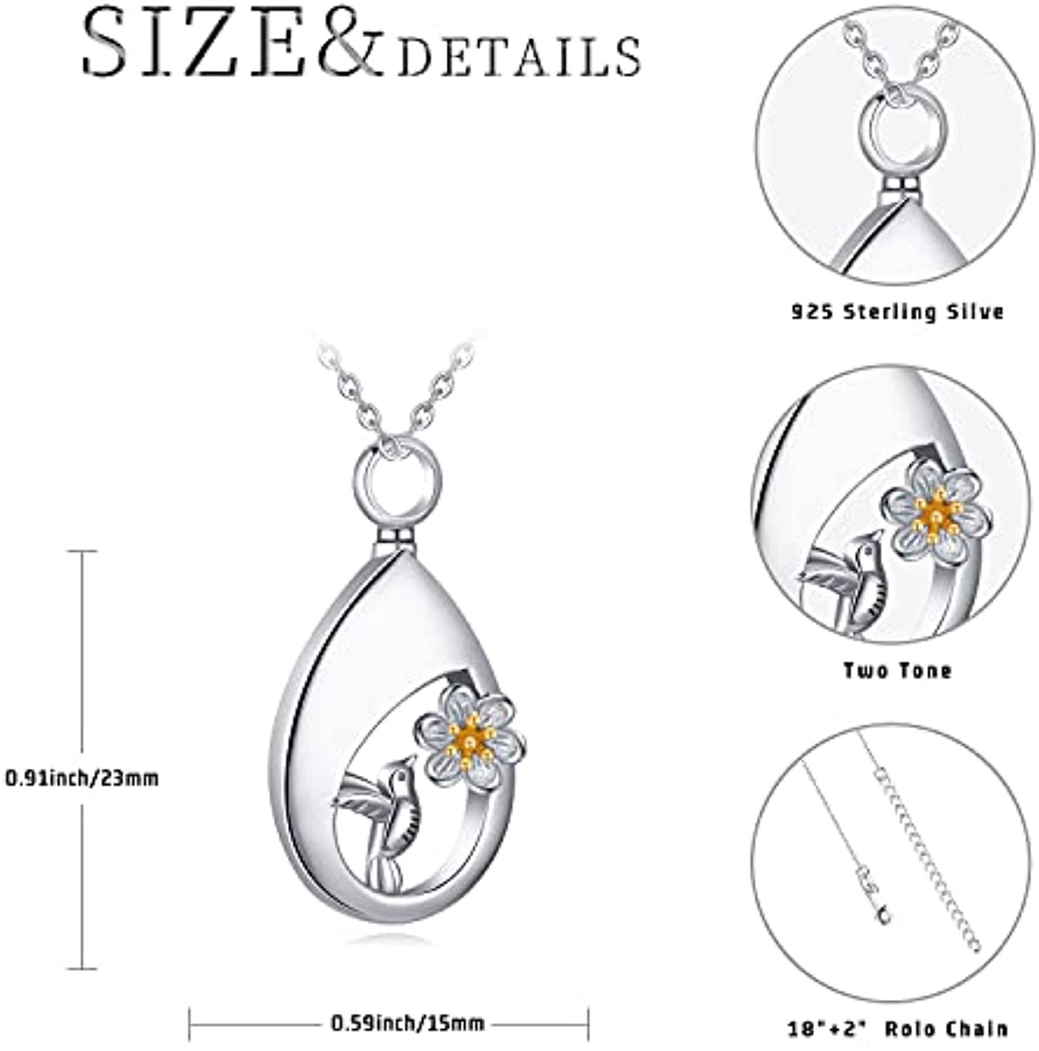 Sterling Silver Hummingbird Urn Necklace - Teardrop Cremation Pendant for Ashes - Image 5
