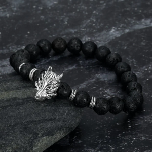 Asgard Grey Wolf Head Bracelet with Lava Stone - Handcrafted Elegance
