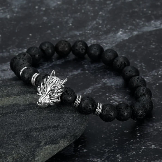 Asgard Grey Wolf Head Bracelet with Lava Stone - Handcrafted Elegance
