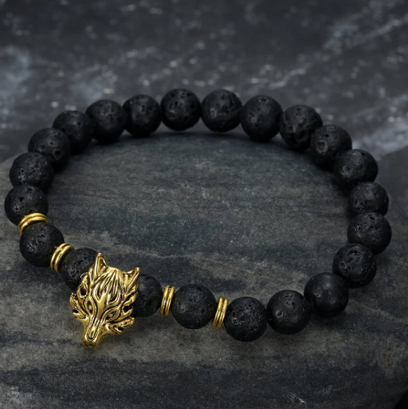 Asgard Grey Wolf Head Bracelet with Lava Stone - Handcrafted Elegance - Image 2