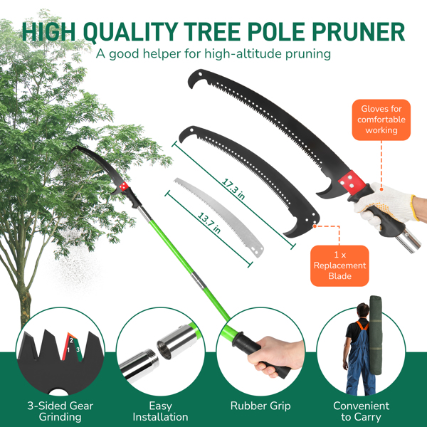 26ft Green Manual Pole Saw with Spiral Splicing & Portable Bag - Tree Trimmer - Image 4