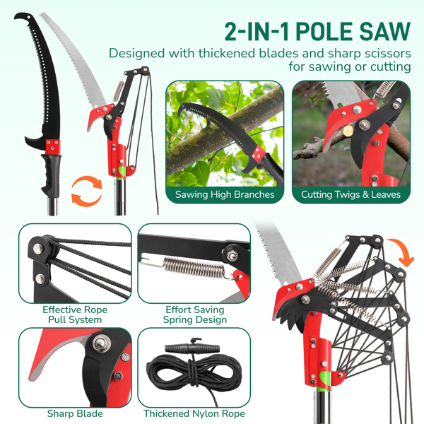 26ft Green Manual Pole Saw with Spiral Splicing & Portable Bag - Tree Trimmer - Image 14