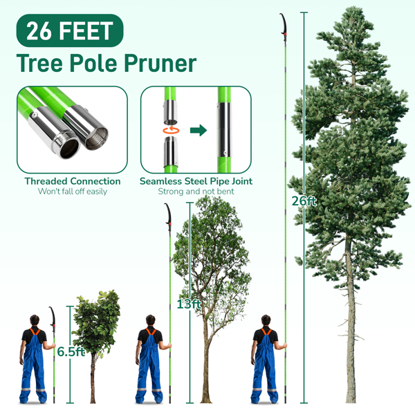 26ft Green Manual Pole Saw with Spiral Splicing & Portable Bag - Tree Trimmer - Image 18