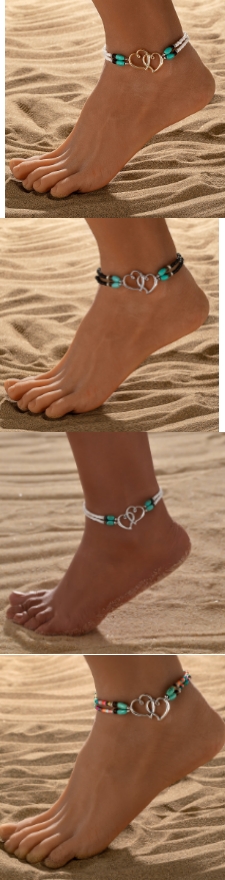 Trendy Vacation Style Alloy Double Heart Bead Turquoise Elastic Anklet - Image 2