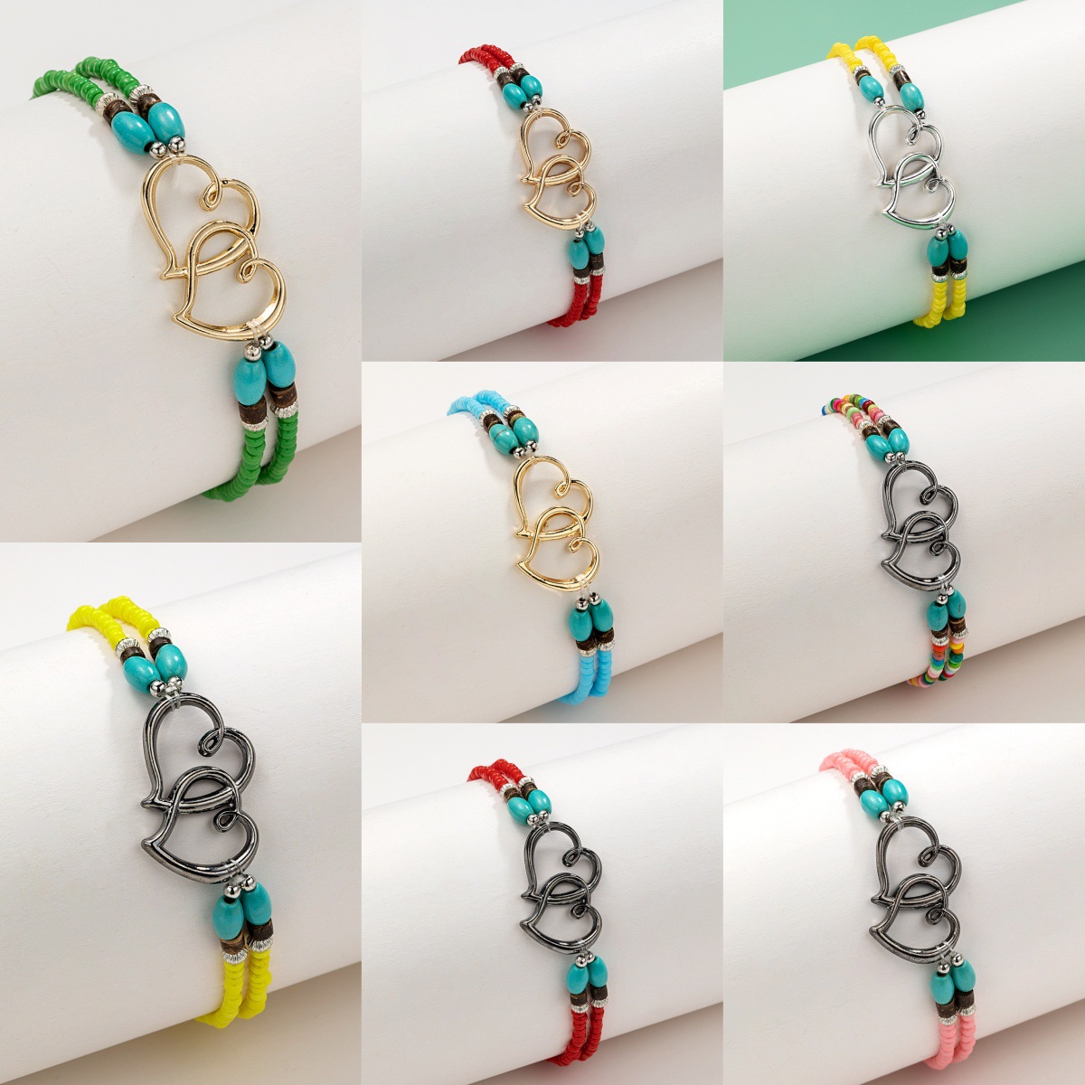 Trendy Vacation Style Alloy Double Heart Bead Turquoise Elastic Anklet - Image 5